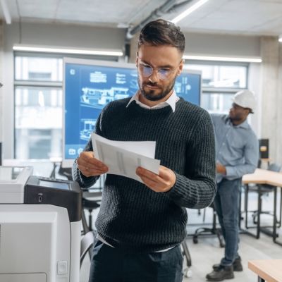 Person Standing Next to a Printer in an Office Environment Reading Documents