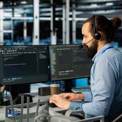 Man,Doing,Tech,Support,In,Server,Room,,Managing,Large,Scale